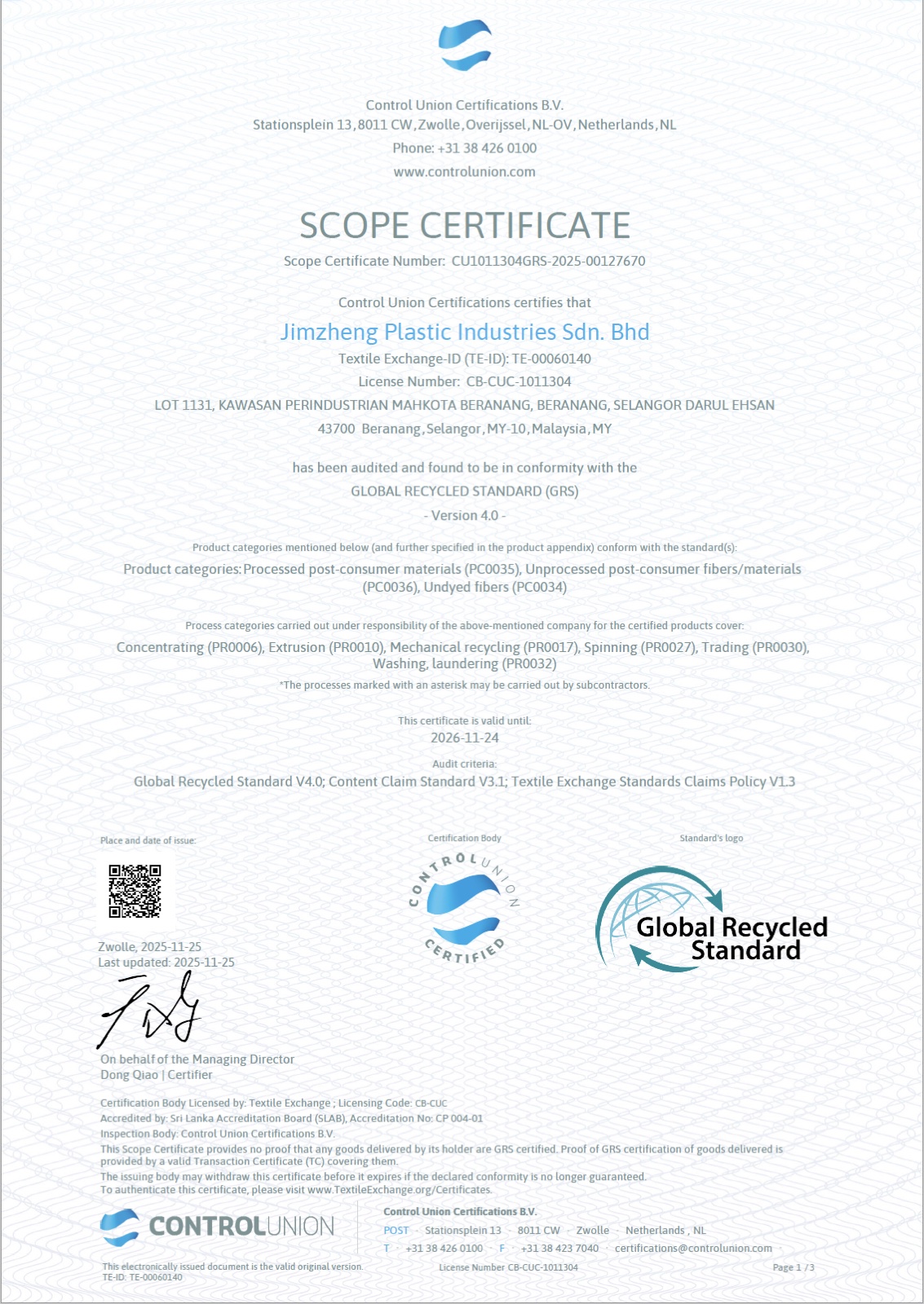 GRS Scope Certificate, Control Union, Jimzheng Plastic Industries Sdn Bhd